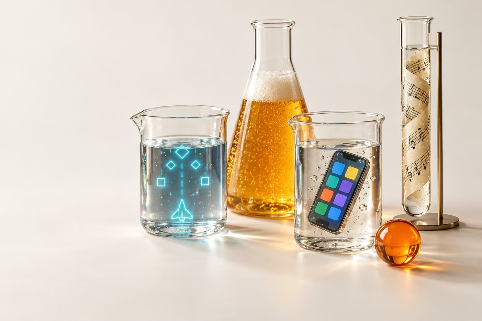 ゲーム、ビール、アプリ、楽譜など、さまざまな実験が入ったガラス器具